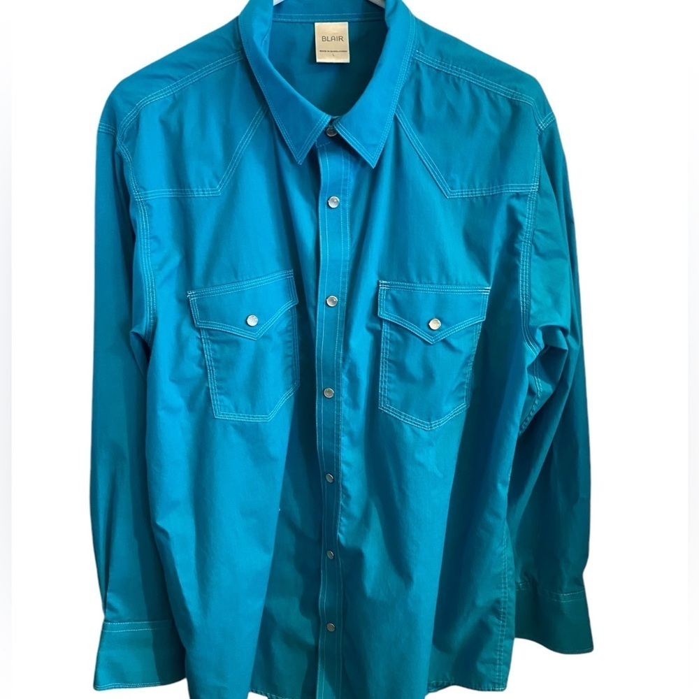 vintage Blair teal aqua rockabilly western button down pearl-snap cowboy shirt - Picture 5 of 13